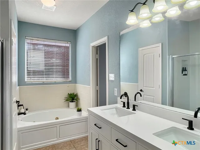 a bathroom with a sink a large mirror and a bathtub