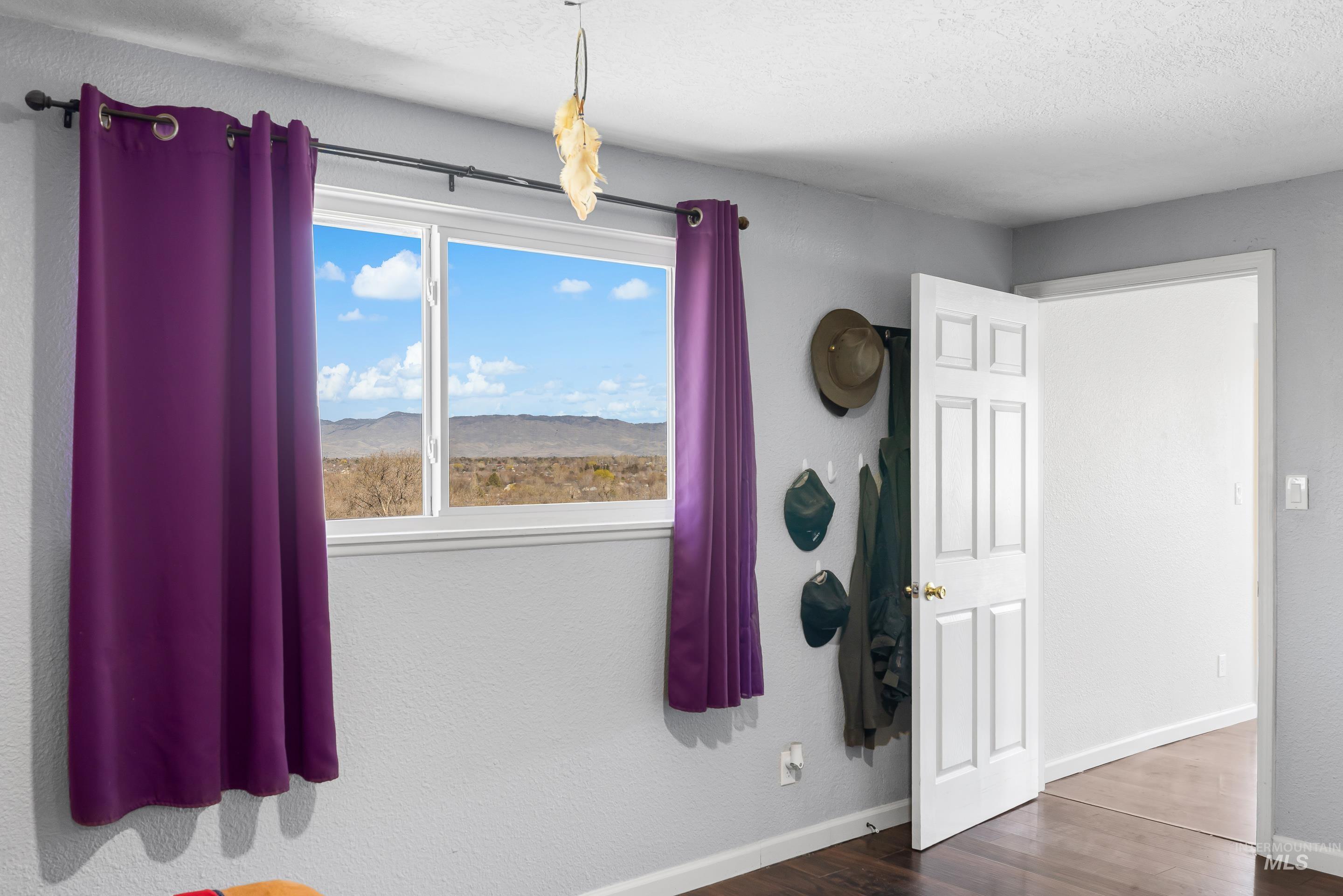 10294 West Fox Ridge Drive Boise, ID 83709 - Photo 18 of 50 Bedroom with dark wood-type flooring, a textured wall, and a mountain view