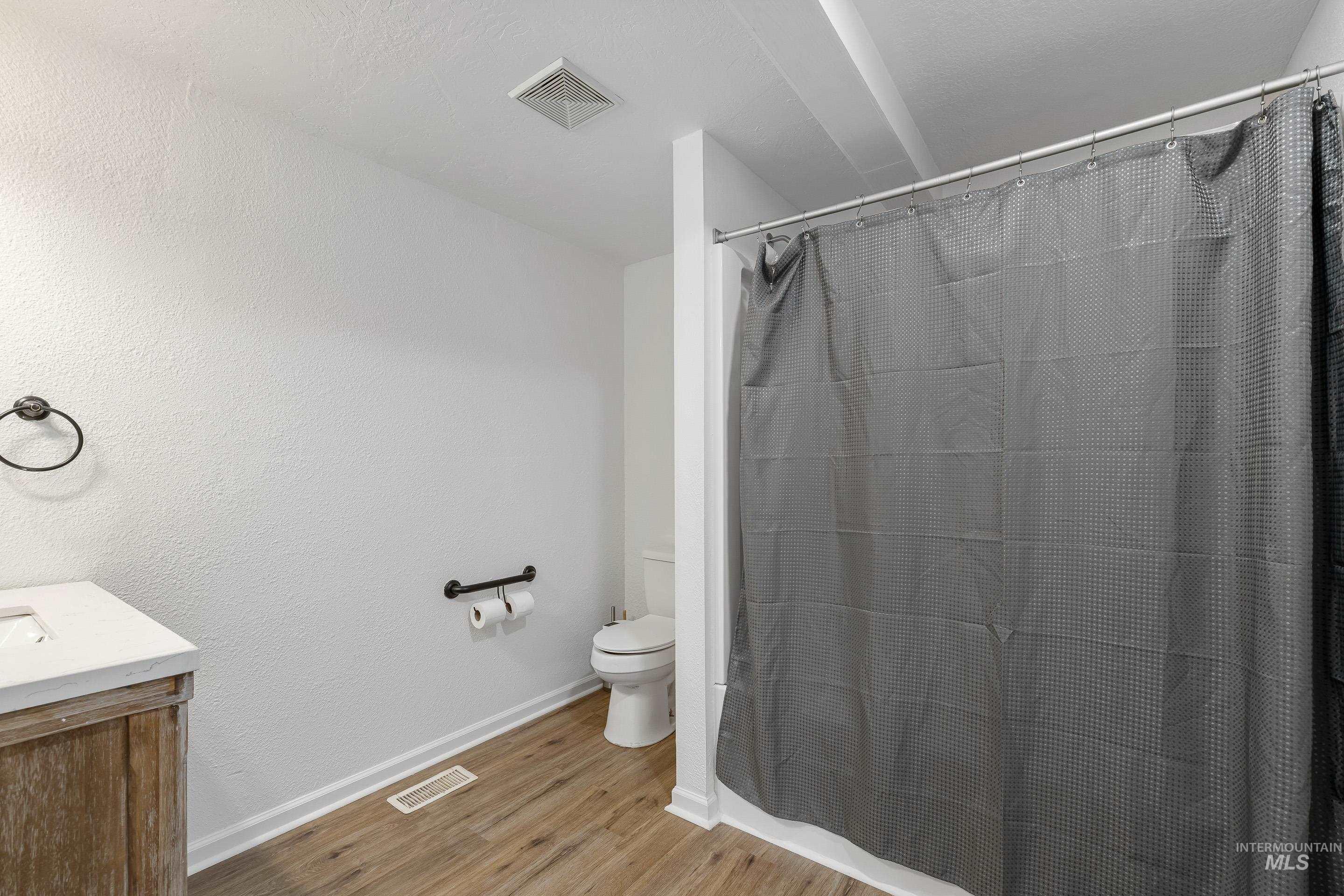 10294 West Fox Ridge Drive Boise, ID 83709 - Photo 39 of 50 Bathroom featuring vanity, a shower with shower curtain, light wood-type flooring, and a textured wall