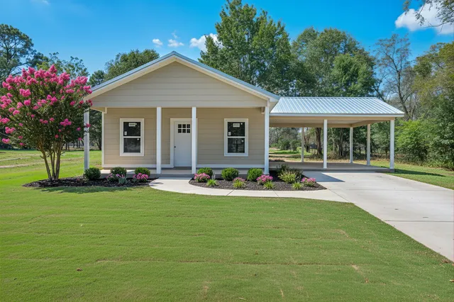 a front view of a house with yard patio and green space