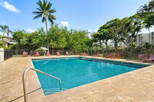 a view of a swimming pool with a garden