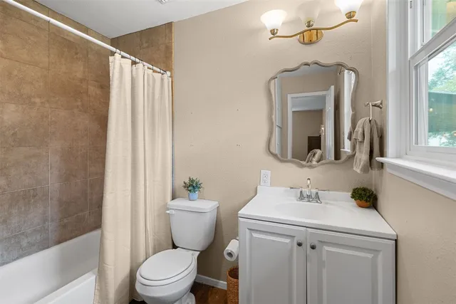 a bathroom with a sink a toilet a mirror and shower curtain