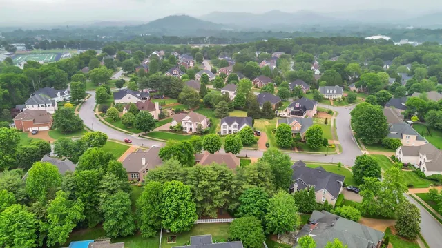 an aerial view of residential houses with outdoor space and trees