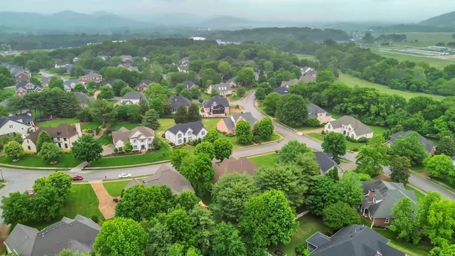 an aerial view of residential houses with outdoor space and trees