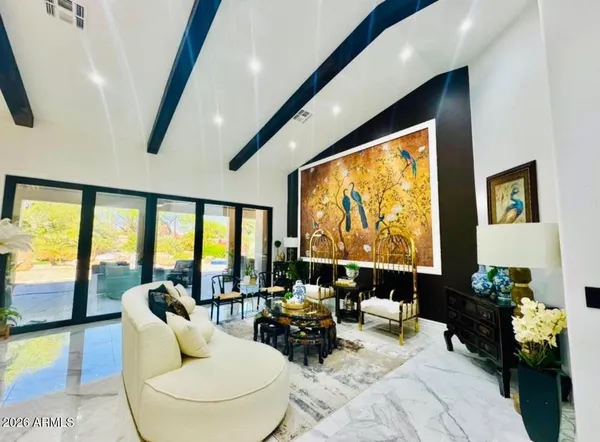 a view of a dining room with furniture