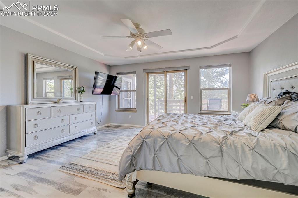 840 West Kelly Road Woodland Park, CO 80863 - Photo 15 of 47 Bedroom featuring wood finished floors, a ceiling fan, baseboards, and access to outside