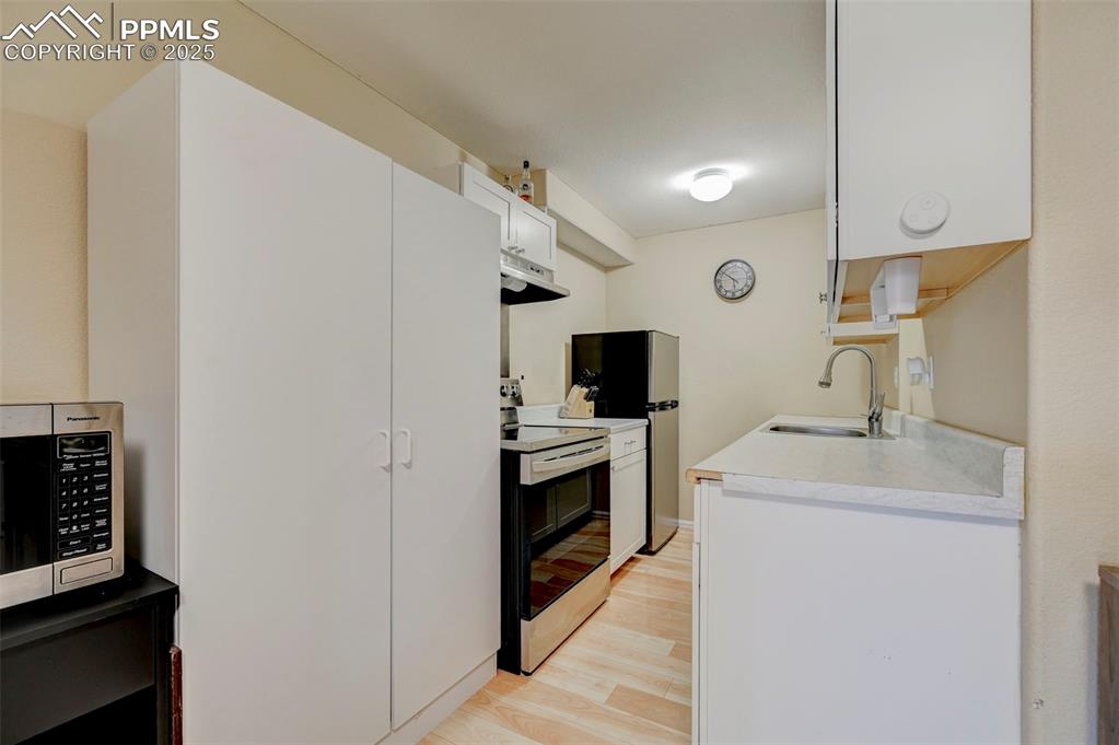 840 West Kelly Road Woodland Park, CO 80863 - Photo 30 of 47 Kitchen featuring a sink, stainless steel appliances, light wood finished floors, light countertops, and under cabinet range hood