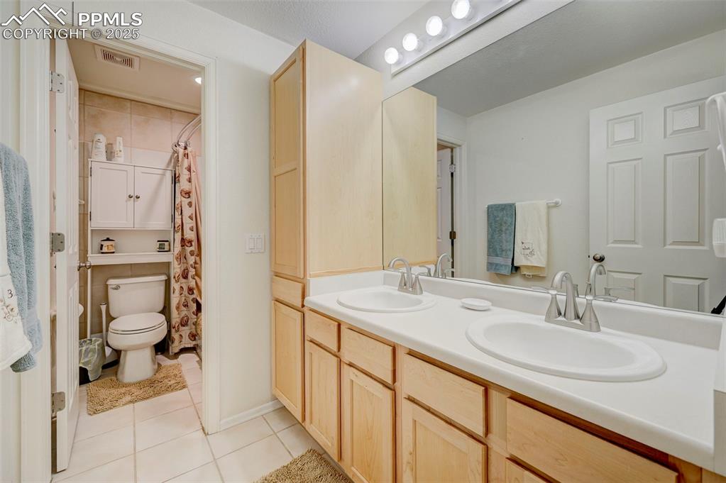 840 West Kelly Road Woodland Park, CO 80863 - Photo 33 of 47 Full bathroom featuring tile patterned floors, visible vents, a sink, and double vanity