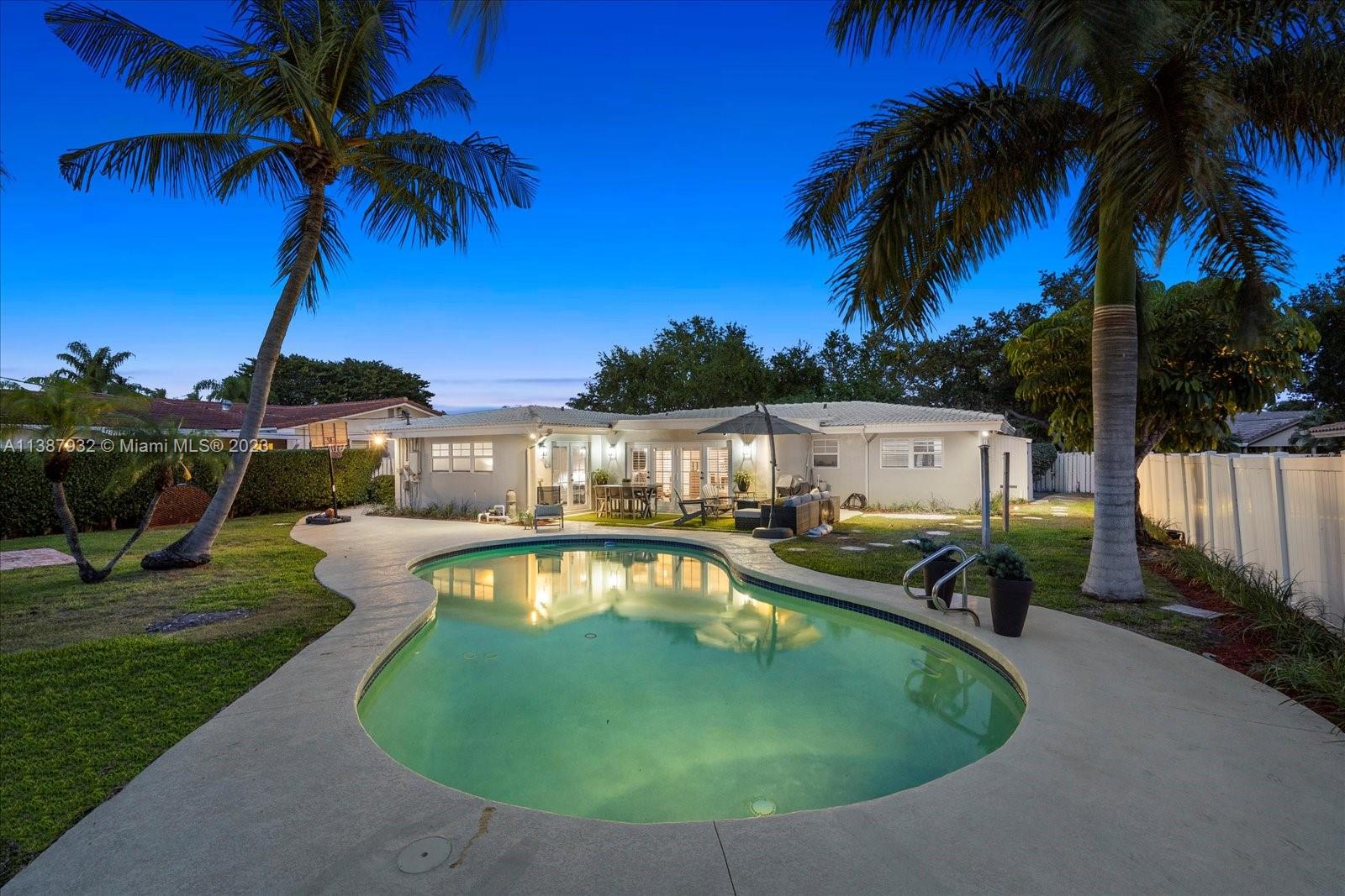 a view of a swimming pool with a garden