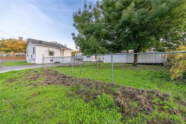 a view of a house with a small yard and a large tree