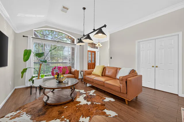 a living room with furniture and a potted plant