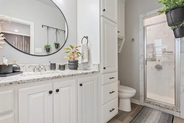 a bathroom with a granite countertop toilet sink and mirror