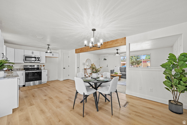 2267 West 4350th Street South Roy, UT 84067 - Photo 12 of 32 Dining room featuring a chandelier, a ceiling fan, and light wood-style flooring