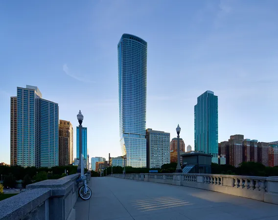 a view of a tall building with a bench in kitchen