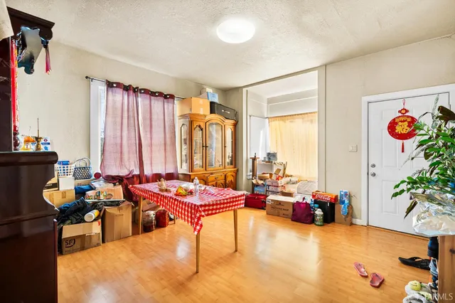 a view of a dining room with furniture window and outside view