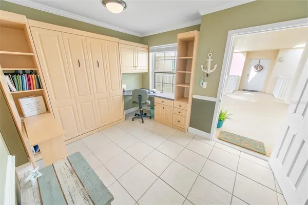 a view of a hallway with workspace