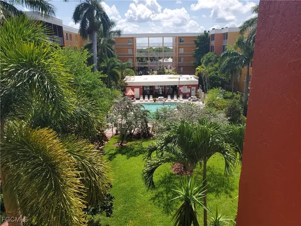 a view of a park with large trees