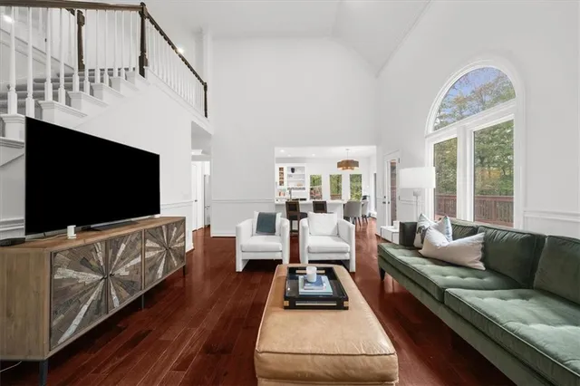 a bathroom with a sink double vanity and a shower