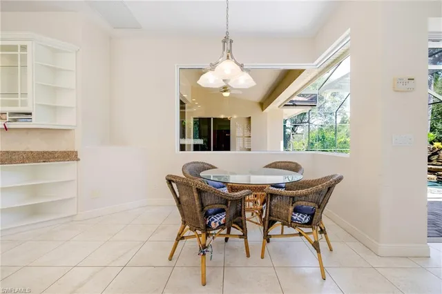 a view of a dining room with furniture and window