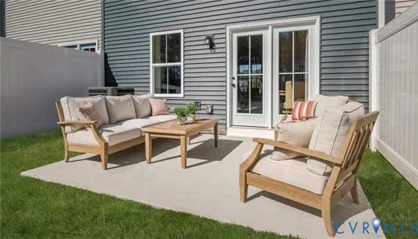 a building outdoor space with patio furniture