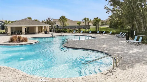 a view of a swimming pool with a patio