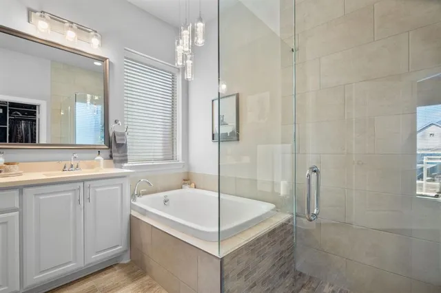 a bathroom with a tub shower and sink