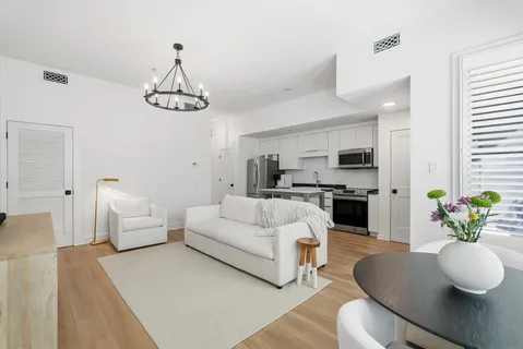 a living room with furniture potted plant and kitchen view