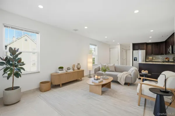 a living room with furniture and a potted plant
