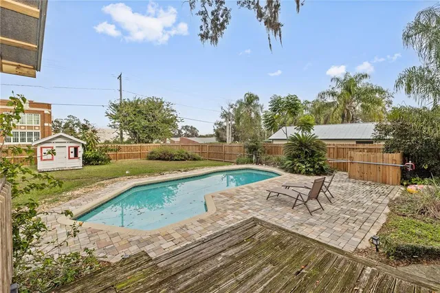 a backyard with potted plants and a large tree