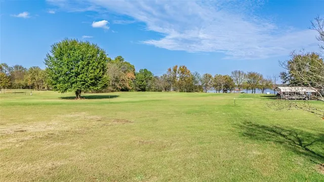 a view of a green field with an trees