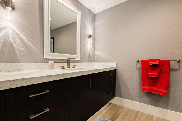 a bathroom with a shower curtain