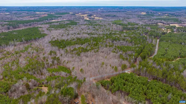 a view of a field with a lush green forest