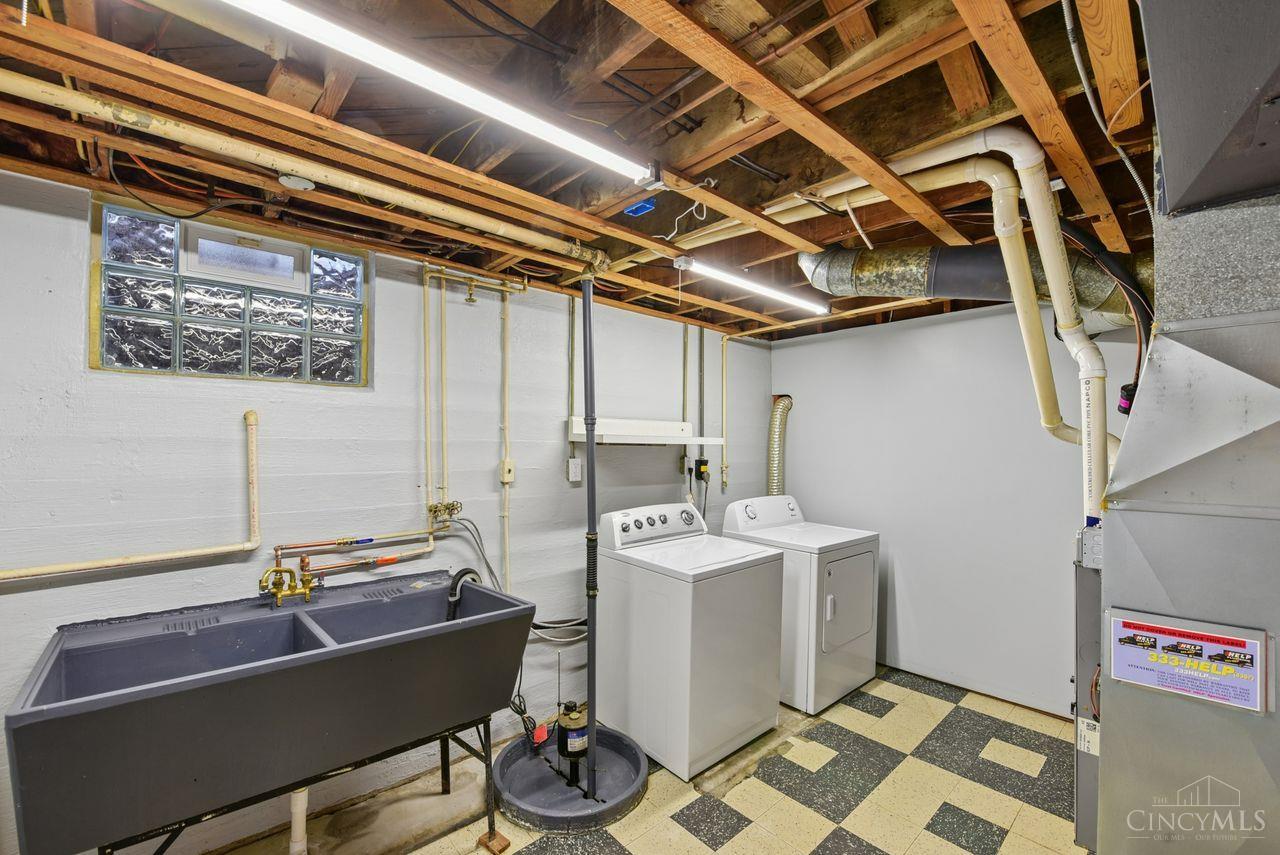 5258 Shepherd Road Cincinnati, OH 45223 - Photo 34 of 43 The Laundry Room includes the Washer and Dryer, a Double Concrete Washtub, Tiled Floor, a Glass Block Window, a Sump Pump, the HVAC System, and the Hot Water Heater.