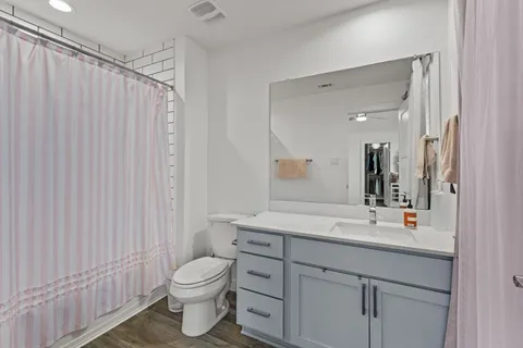 a bathroom with a sink a toilet and shower curtain