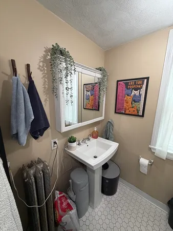 a bathroom with a sink mirror and toilet