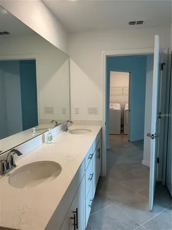 a bathroom with a sink and a mirror