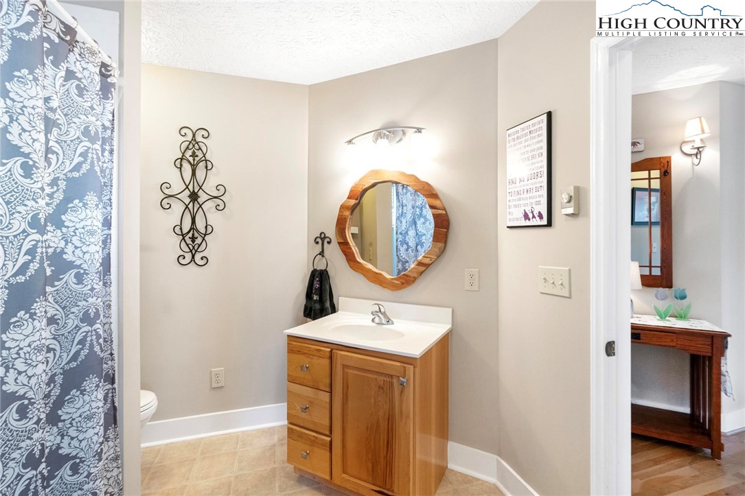 446 Peaceful Haven Drive, Unit 832 Boone, NC 28607 - Photo 26 of 38 a bathroom with a sink a mirror and a shower curtain