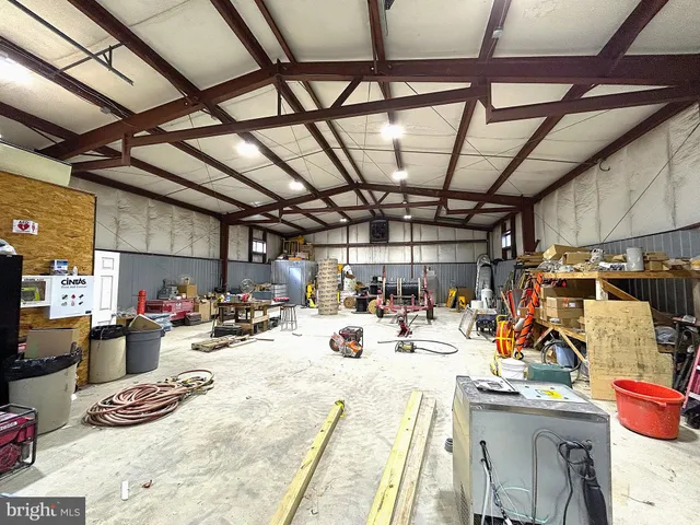 a view of a garage with storage