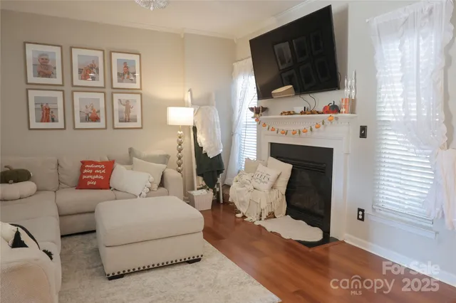a living room with furniture a flat screen tv and a fireplace