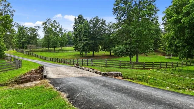 a view of a lush green forest with trees and some houses
