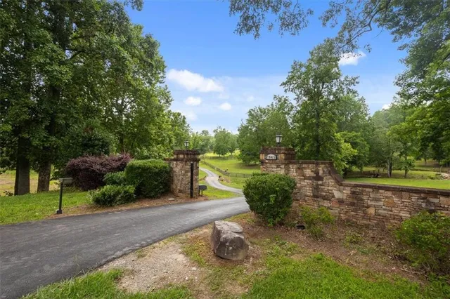 a view of a park with large trees