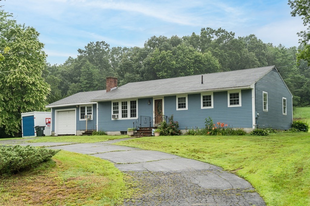 a front view of a house with yard and green space
