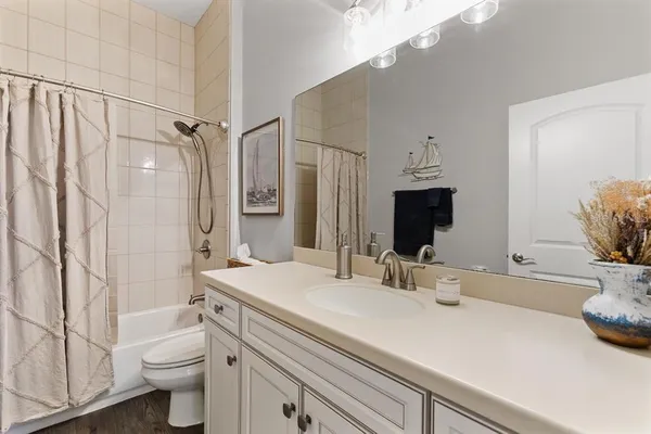 a bathroom with a sink a toilet and shower curtain