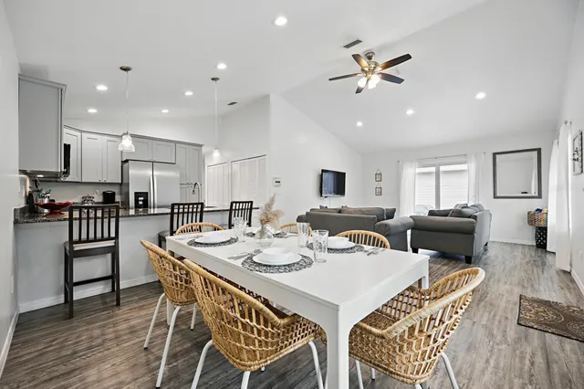 a view of a dining room with furniture
