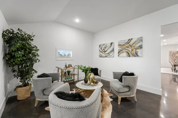 a living room with furniture and a potted plant