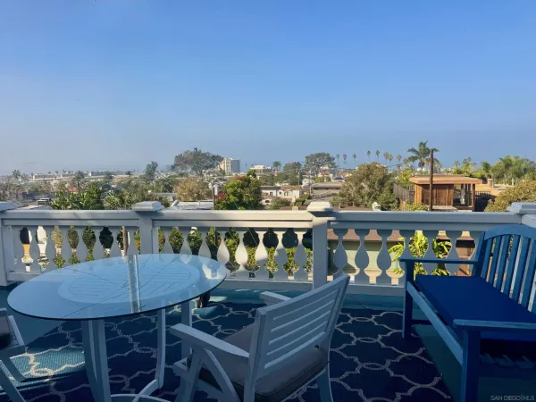 a view of a balcony with chairs