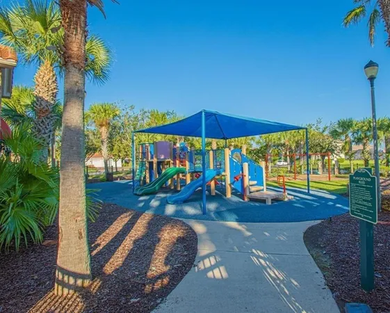 a view of a park with palm trees