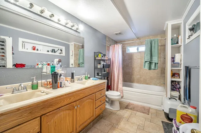 a bathroom with a double vanity sink toilet mirror and bathtub