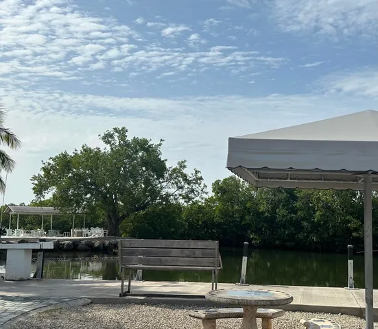 a view of a lake with a bench and trees around