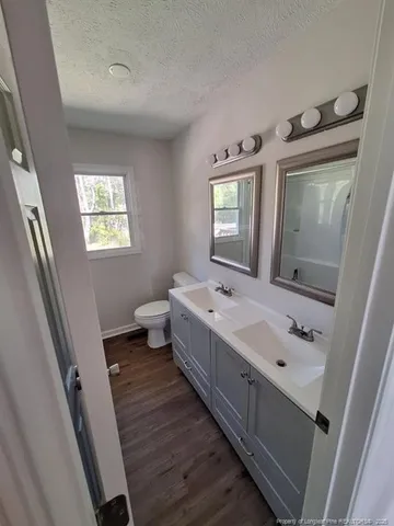 a bathroom with a double vanity sink mirror and toilet